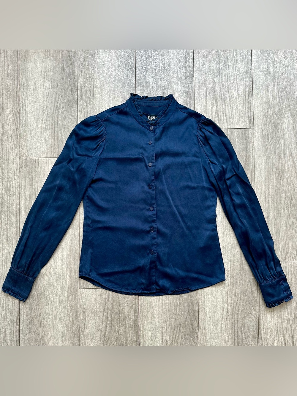Reformation Navy Blue Silk Ruffle Mock Neck Blouse Puff Sleeve Top XS